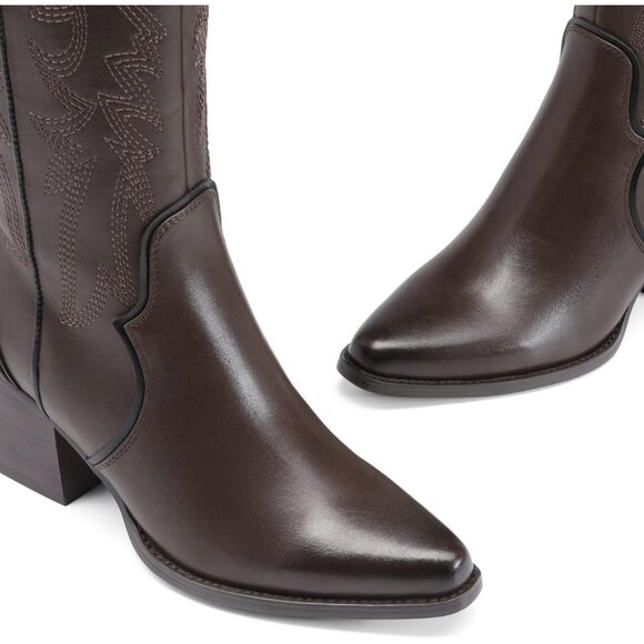 DREAM PAIRS Womens Brown Cowboy Boots Wide Calf Knee High Ladies - Picture 5 of 8